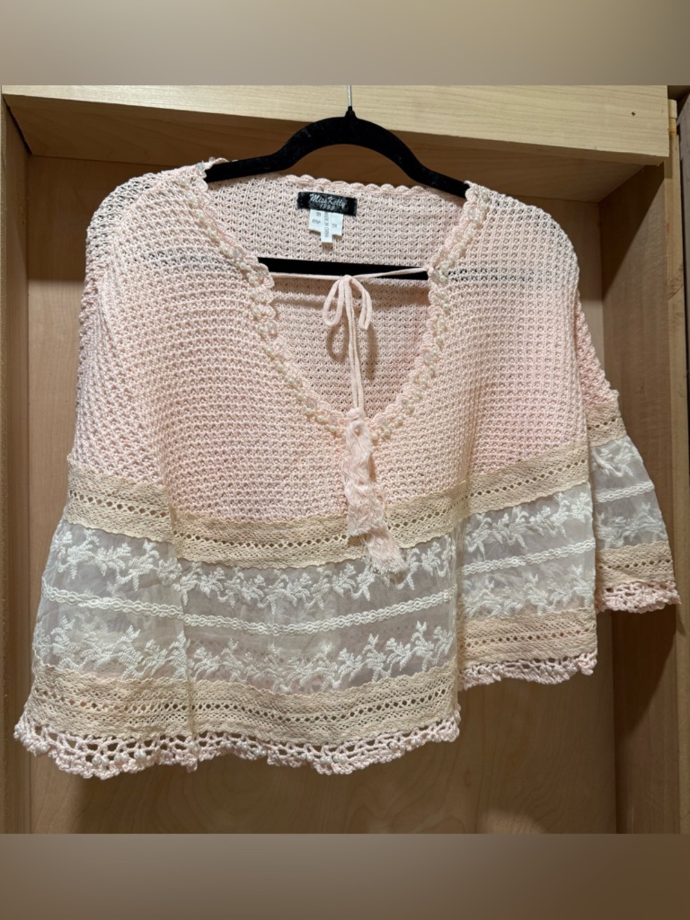 Miss Kelly Pink Crochet & Lace Tie-Front Sleeveless Cape Top Onesize NEW Boho